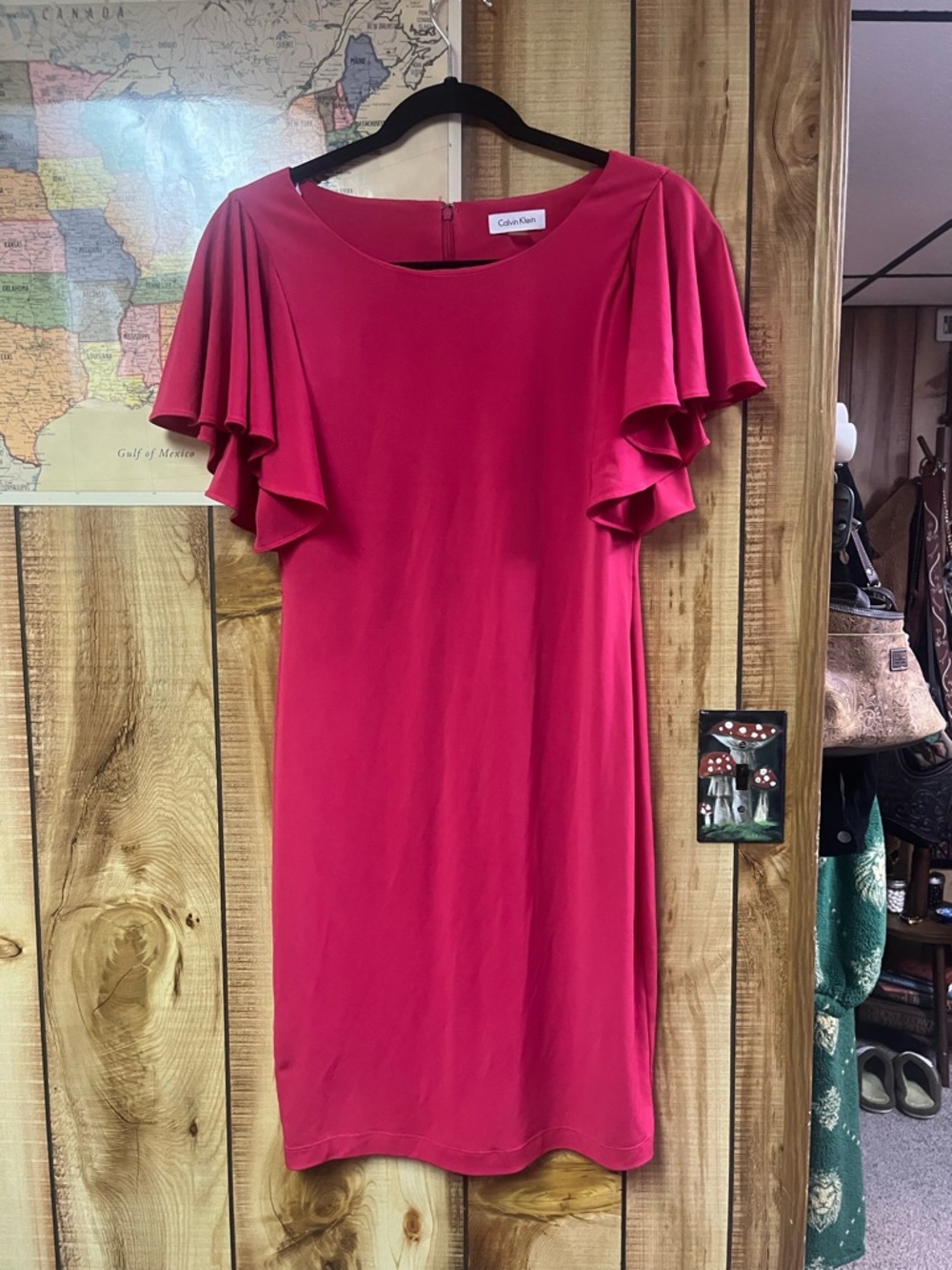 Calvin Klein Pink Ruffle Flutter-Sleeve Midi Sheath Dress